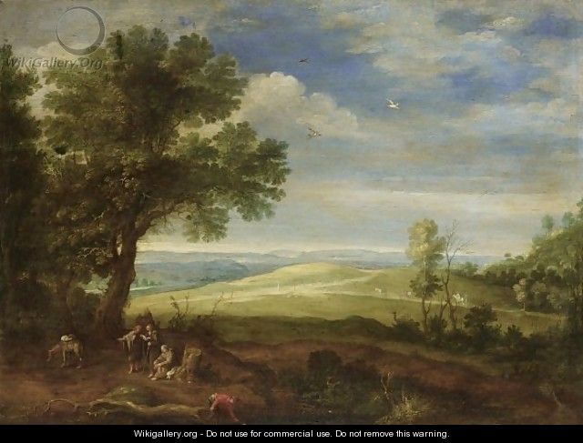 An Extensive Wooded Landscape With Monks Resting With A Donkey Near Trees In The Foreground - (after) Paul Bril