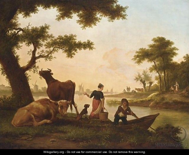 A River Landscape With A Couple Conversing Near A Ferry Together With Cows - Frans Swagers