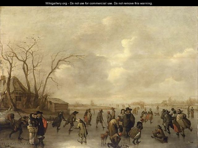 A Winter Landscape With Skaters, Figures Playing Kolf And A Boy On A Sleigh On A Frozen River, A Farmhouse To The Left - Adriaen Lievensz van der Poel
