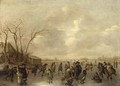 A Winter Landscape With Skaters, Figures Playing Kolf And A Boy On A Sleigh On A Frozen River, A Farmhouse To The Left - Adriaen Lievensz van der Poel