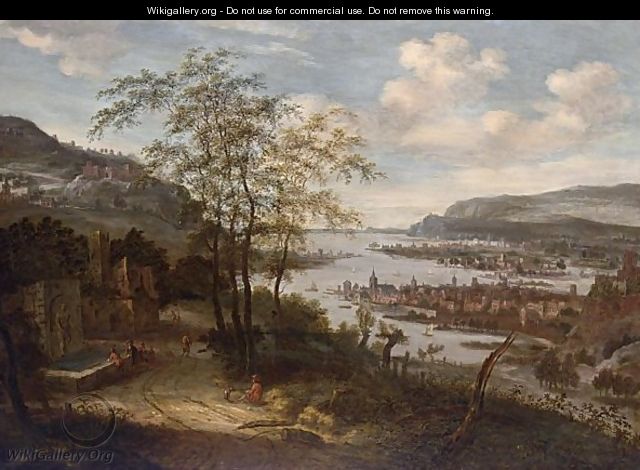 An Extensive River Landscape With Towns And Sailing Boats, Figures Near A Fountain On The Left And Mountains Beyond - Dionys Verburgh