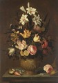 A Still Life With White Lilies, Tulips, Roses, Marigolds, Daffodils And Other Flowers In A Sculpted Stone Vase - (after) Anthony I Claesz