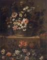 Roses, Daffodils, Tulips And Other Flowers In A Basket On A Stone Ledge - (after) Jean-Baptiste Monnoyer