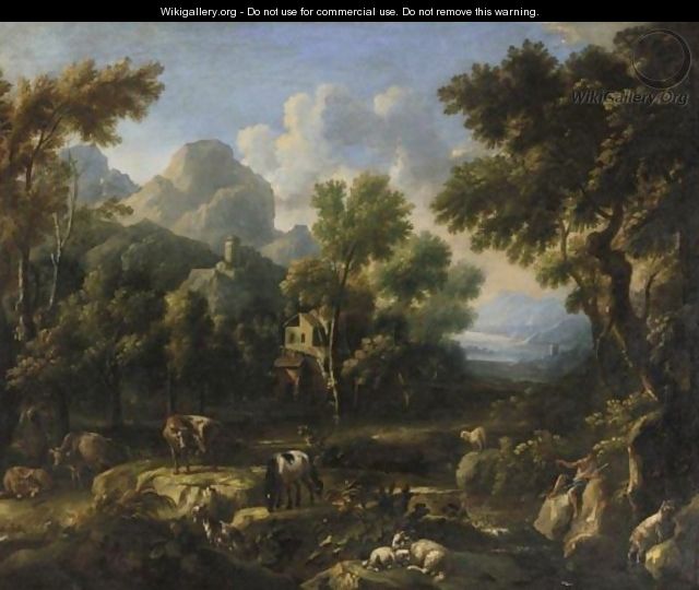 Paesaggio Laziale Con Mulino, Figure E Armenti - (after) Johann Melchior Roos
