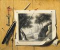 Trompe L'Oeil Di Un Disegno, Una Penna E Una Chiave Fissati A Un Pannello Di Legno - Gabriel Gresly