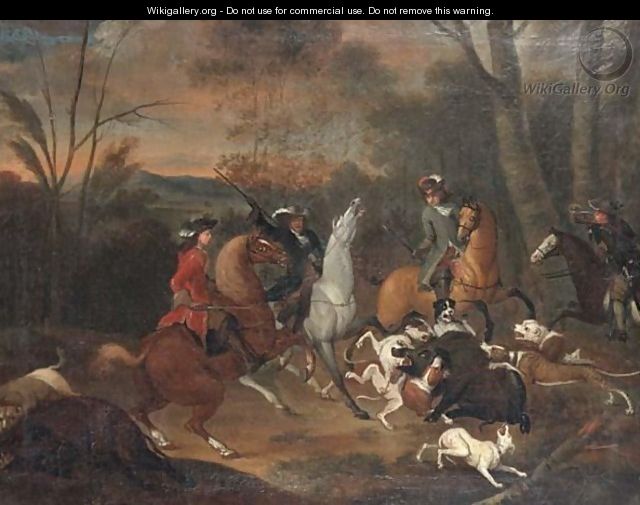 A Boar Hunt With Sportsmen And Their Hounds In A Wooded Landscape - (after) Jan Wyck