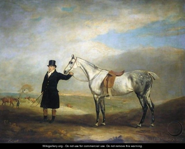 A Grey Mare Held By A Groom Wearing A Blue Coat, A Hunt Beyond - John Ferneley, Snr.