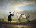 A Grey Mare Held By A Groom Wearing A Blue Coat, A Hunt Beyond - John Ferneley, Snr.