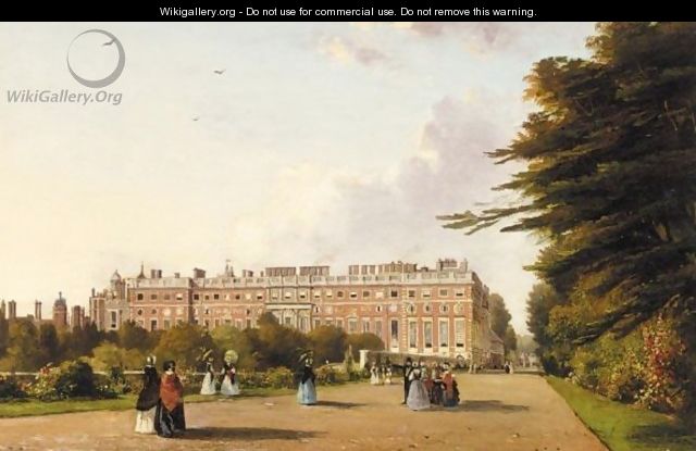 Hampton Court Palace, With Elegant Company Promenading In The Foreground - George Hilditch
