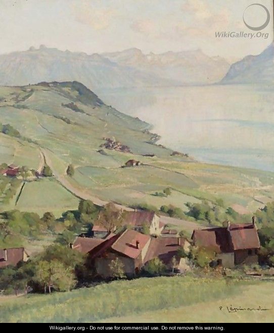 View Of A Lake In A Mountaineous Landscape With Houses In The Foreground - Swiss School
