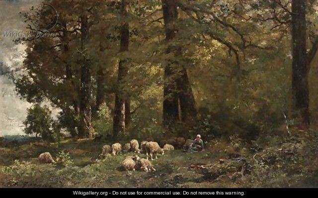 A Shepherdess With Her Flock In A Wooded Landscape - Charles Émile Jacque