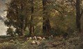 A Shepherdess With Her Flock In A Wooded Landscape - Charles Émile Jacque