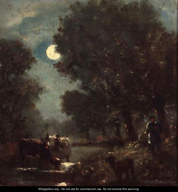 A Cowherd In A Moonlit Landscape - French School