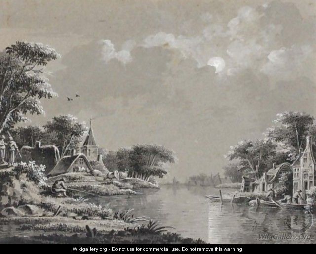 Two Moonlit River Landscapes With Fishermen - Theodor (Dirk) Verrijk