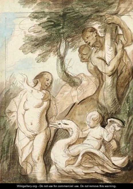 A Bathing Nymph Surprised By Satyrs, A Putto Riding A Swan Beside Her - Jacob Jordaens