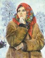 Girl In A Red Scarf - Sergey Arsenievich Vinogradov