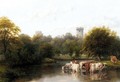 Mill Pond With Cows, Warwick Castle Beyond - Thomas Baker Of Leamington