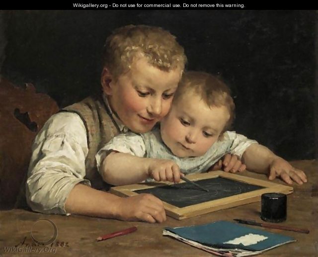 Two Children With A Slate Board, 1882 - Albert Anker