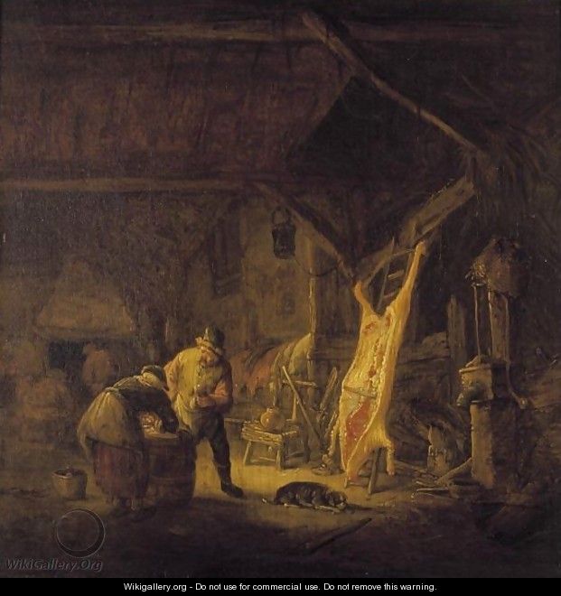 A Barn Interior With Peasants Standing Before A Hog Carcass, Other Figures Warming Themselves By A Fire Beyond - Isaack Jansz. van Ostade