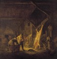 A Barn Interior With Peasants Standing Before A Hog Carcass, Other Figures Warming Themselves By A Fire Beyond - Isaack Jansz. van Ostade