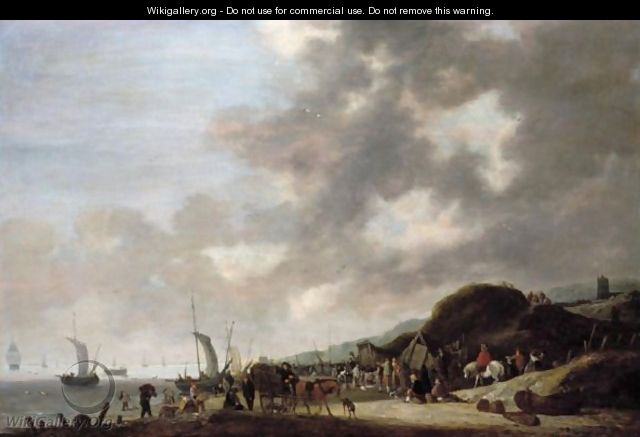 A Coastal Scene With Fishermen Unloading Their Catch Onto The Beach - Hendrick De Meijer