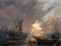 An Evening Coastal Scene With Sailors Unloading Their Cargo, A Man-O-War Firing A Salute In The Distance - Lieve Verschuier