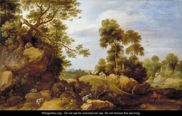 A Landscape With Deer, Goats And Travellers On A Country Path, A Riverside House Beyond - Gillis Claesz. De Hondecoeter