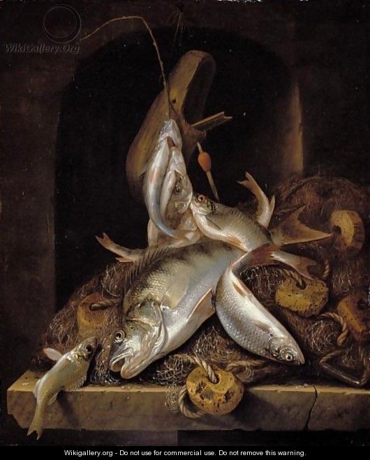 A Still Life Of Freshwater Fish And Fishing Nets, Piled High On A Stone Ledge In A Niche - Jacob Gillig
