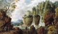 An Extensive Alpine Landscape With Travellers And Dogs Below A Large Waterfall - Lucas Van Uden