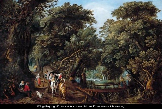 A Forest Landscape With Travellers In A Coach And Washerwomen Crossing A Bridge - Willem Van Den Bundel