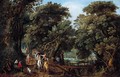 A Forest Landscape With Travellers In A Coach And Washerwomen Crossing A Bridge - Willem Van Den Bundel