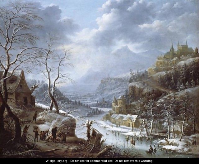 A Mountainous Winter Landscape With Skaters On A Frozen Lake - Johann Christian Vollerdt or Vollaert