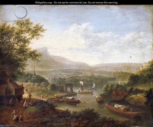 A Rhenish River Landscape With Figures Seated Outside A Tavern In The Foreground - Robert Griffier