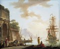A Mediterranean Sea Port With Orientals Conversing Beneath An Ancient Roman Arch, A Man-O'-War At Anchor Beyond - Charles Francois Lacroix de Marseille