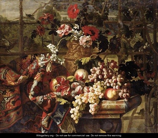 Still Life Of Various Flowers In A Bronze Urn, Together With Pomegranates, Grapes, Pears And Plums On A Marble Table Draped With A Carpet - Jean Baptiste Belin de Fontenay