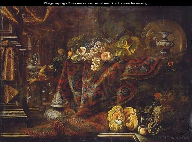 An Interior With A Fruit-Laden Large Pewter Dish On A Table Draped With A Patterned Carpet - Johann Georg Hamilton