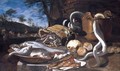 A Still Life With Various Fish In A Basket And Bowls, Eels, A Cat And Fruit, All Arranged Upon A Stone Platform, A Landscape With Fishermen Beyond - Giuseppe Recco