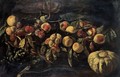 Still Life Of Peaches And Plums In A Wicker Basket, Together With Artichokes And A Melon - Roman School