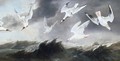 A Flock Of Terns And Gulls Above Stormy Seas - Paul de Vos