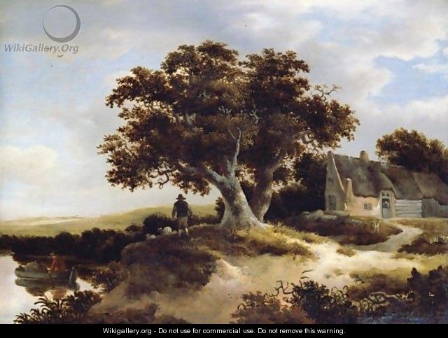 A Dune Landscape With A Drover And His Sheep Beneath A Pondside Oak, A Cottage To The Right - Meindert Hobbema