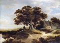 A Dune Landscape With A Drover And His Sheep Beneath A Pondside Oak, A Cottage To The Right - Meindert Hobbema