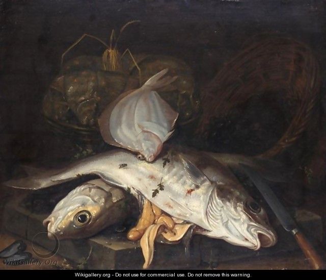 Still Life Of Salt Water Fish On A Stone Floor, With Mussels And Squid In Wicker Baskets - Jacob Gillig