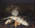 Still Life Of Salt Water Fish On A Stone Floor, With Mussels And Squid In Wicker Baskets - Jacob Gillig