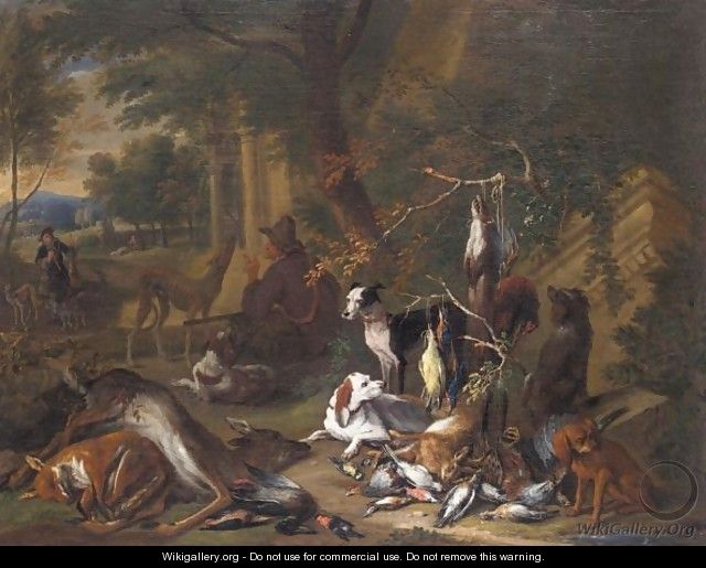 Still Life Of Game With A Huntsman Smoking A Pipe Together With His Hounds In A Landscape - Adriaen de Gryef