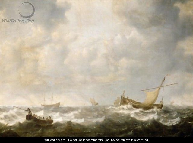 A Rowing Boat, A Small Sailing Vessel And Other Ships In Heavy Seas - Jan Porcellis