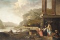 An Extensive Italianate River Landscape With Vegetable Sellers Amongst Classical Ruins - (after) Hendrick Mommers