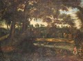 A Wooded River Landscape With Figures In The Foreground And Cottages In The Distance - Flemish School