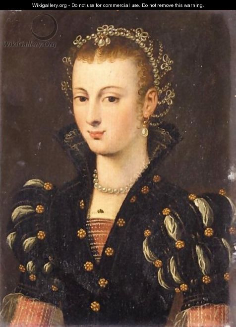 Portrait Of A Noblewoman, Half Length, Wearing A Black Dress And An Elaborate Headress, Said To Be Elisabeth De Valois (1545-1568) - (after) Clouet, Francois
