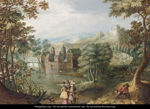 A Wooded Landscape With Two Cavaliers And A Lady Conversing Before A Lake, A Peasant To The Right - (after) Anton Mirou
