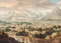 A View Of A Town With Mountains Beyond - (after) Herri Met De Bles